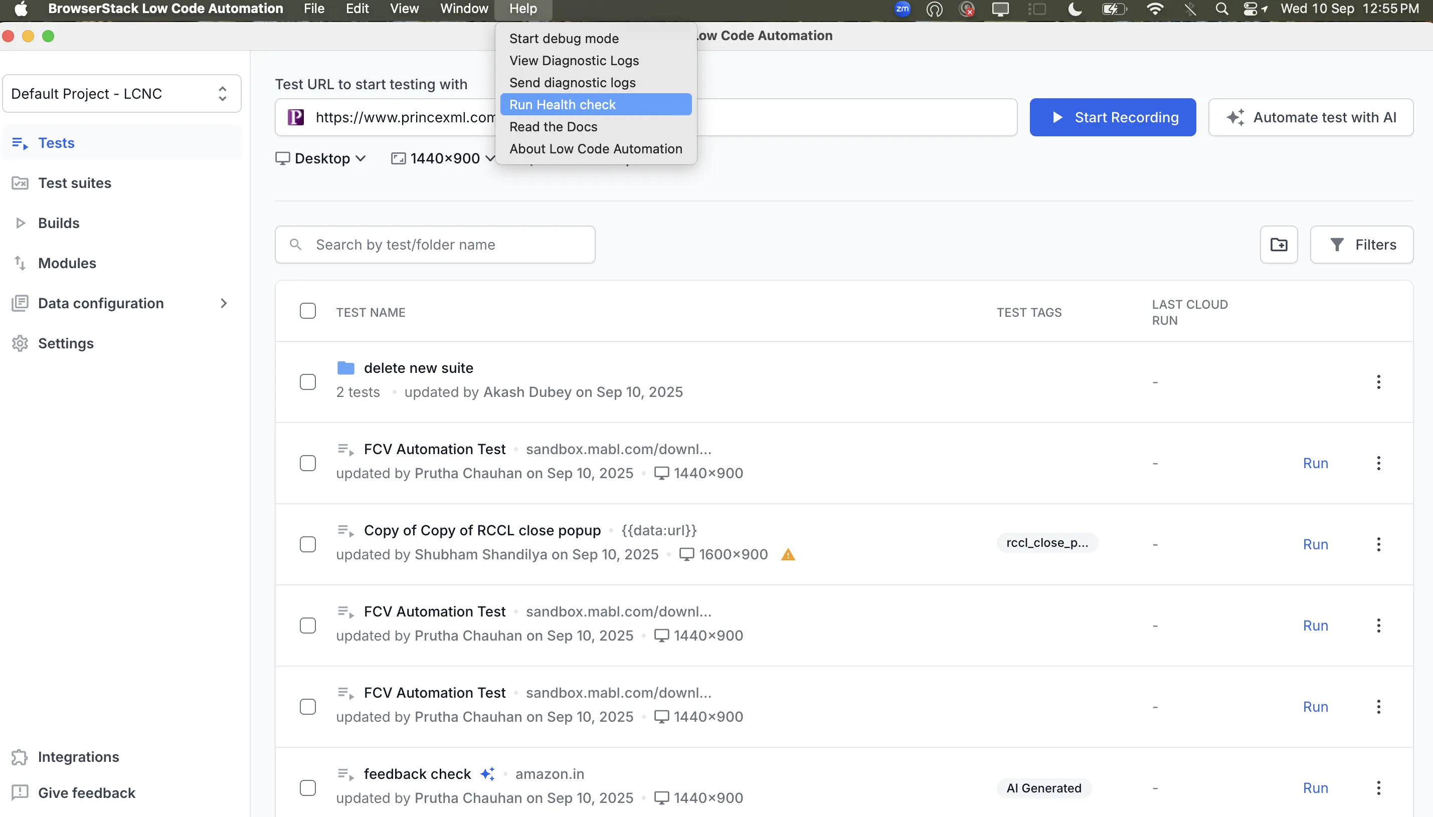 Screenshot of the Help menu in BrowserStack Low Code Automation with the Run Health check option highlighted in the dropdown menu.