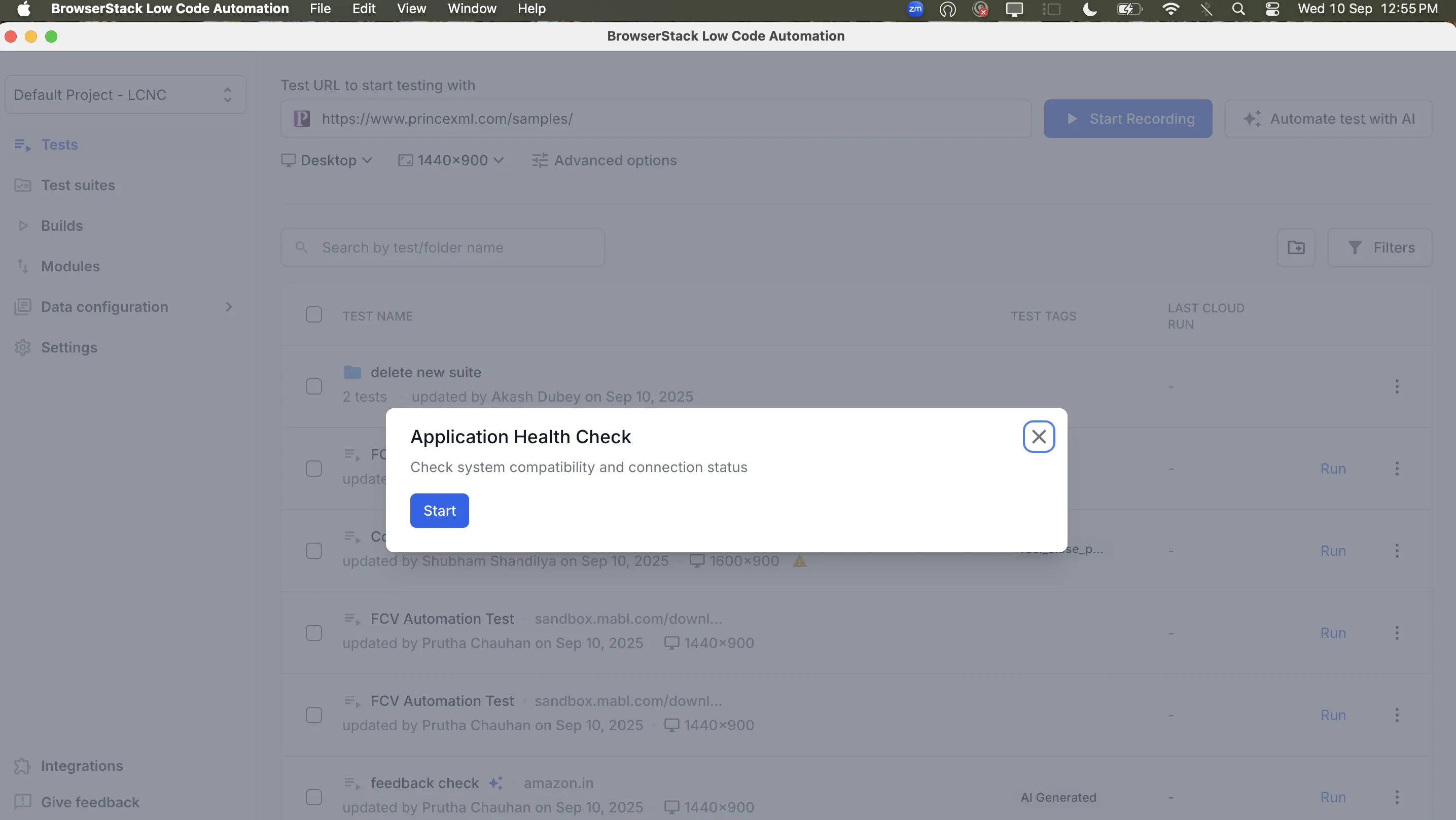 Screenshot of the Application Health Check dialog box with a Start button prominently displayed in the center.
