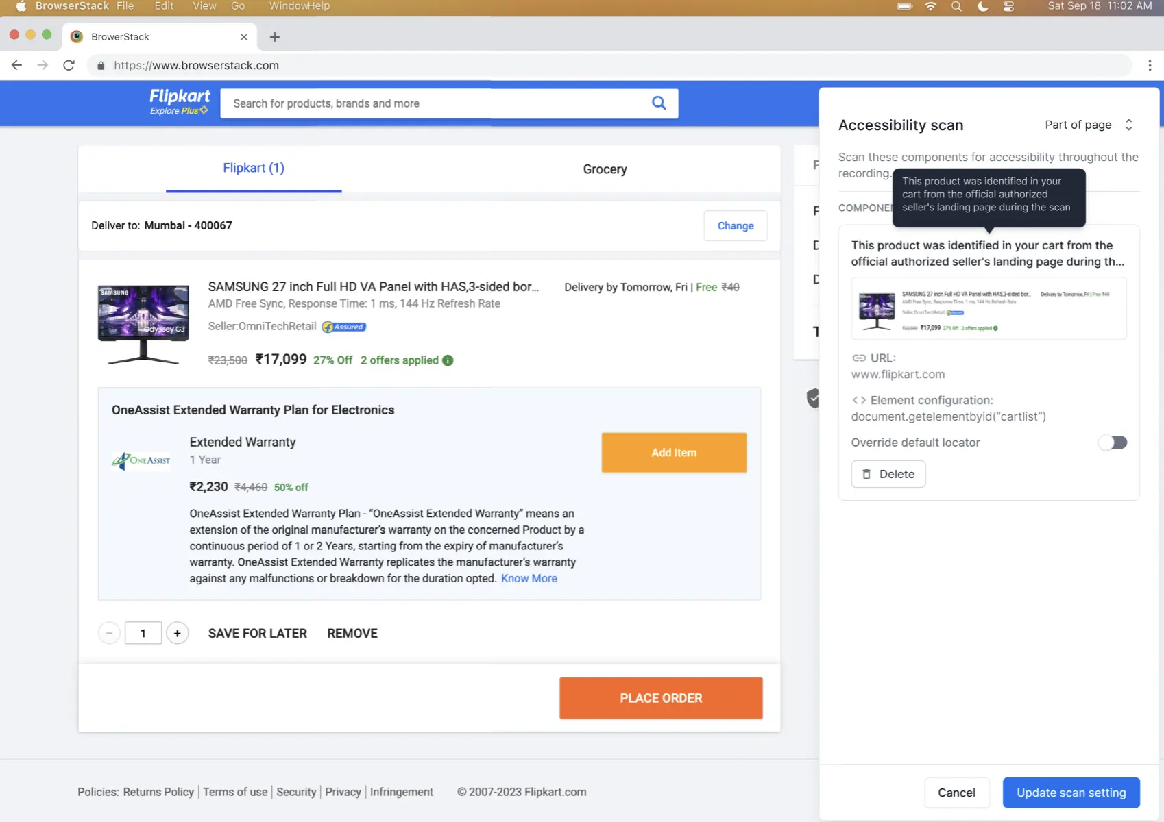 Accessibility scan panel showing the selected component details.