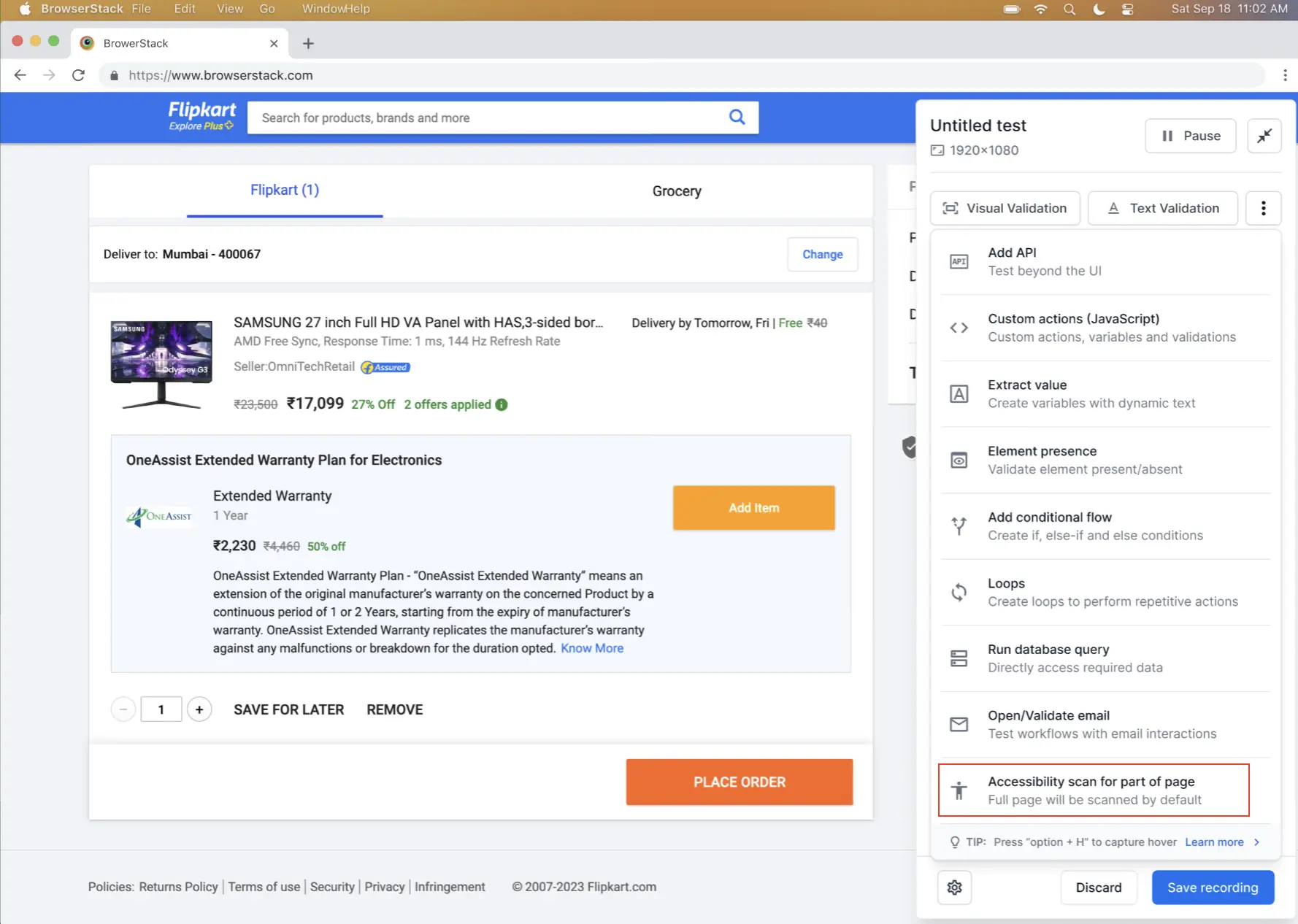 Accessibility scan for part of page option in the test recorder actions menu.