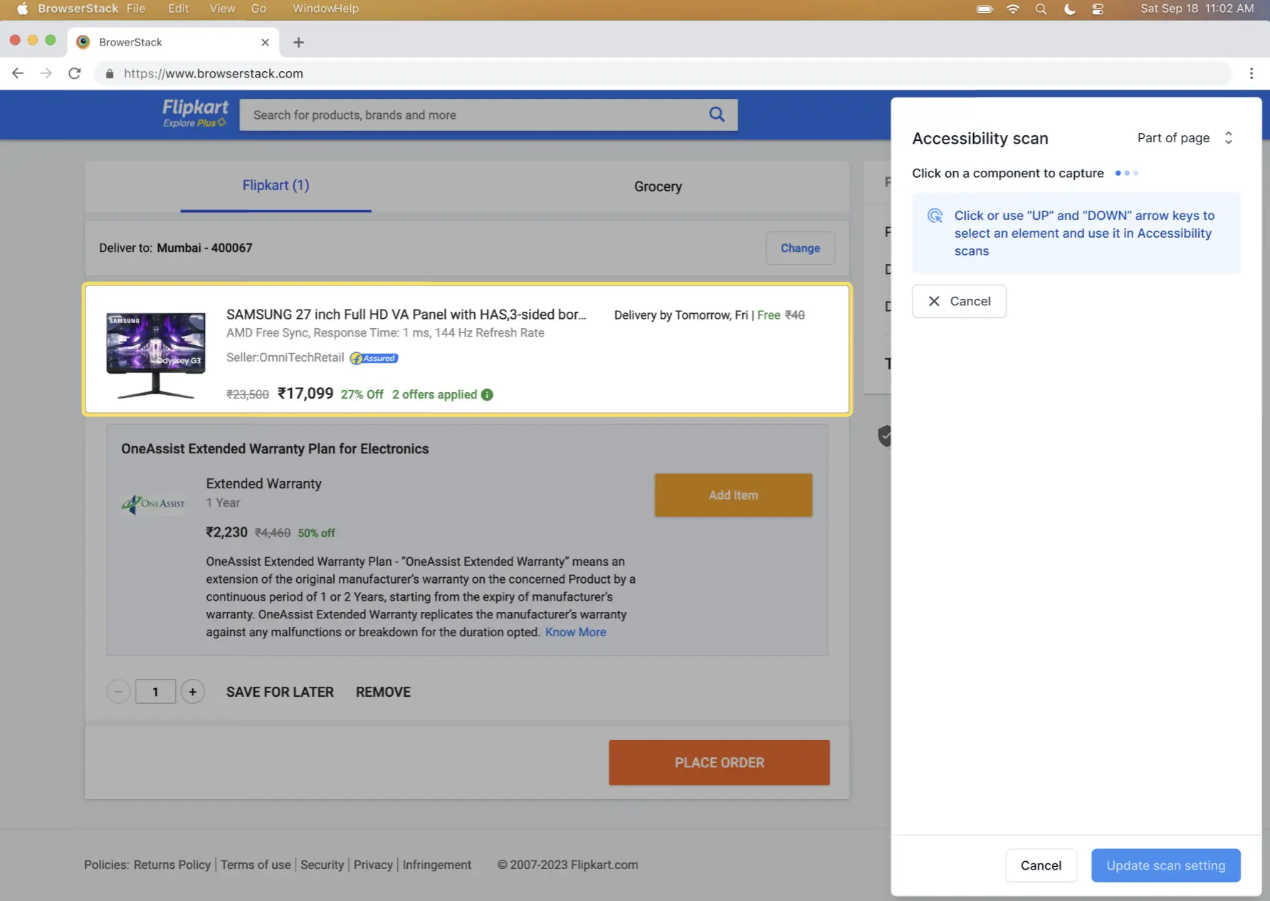 Selected component highlighted on the page for accessibility scanning.
