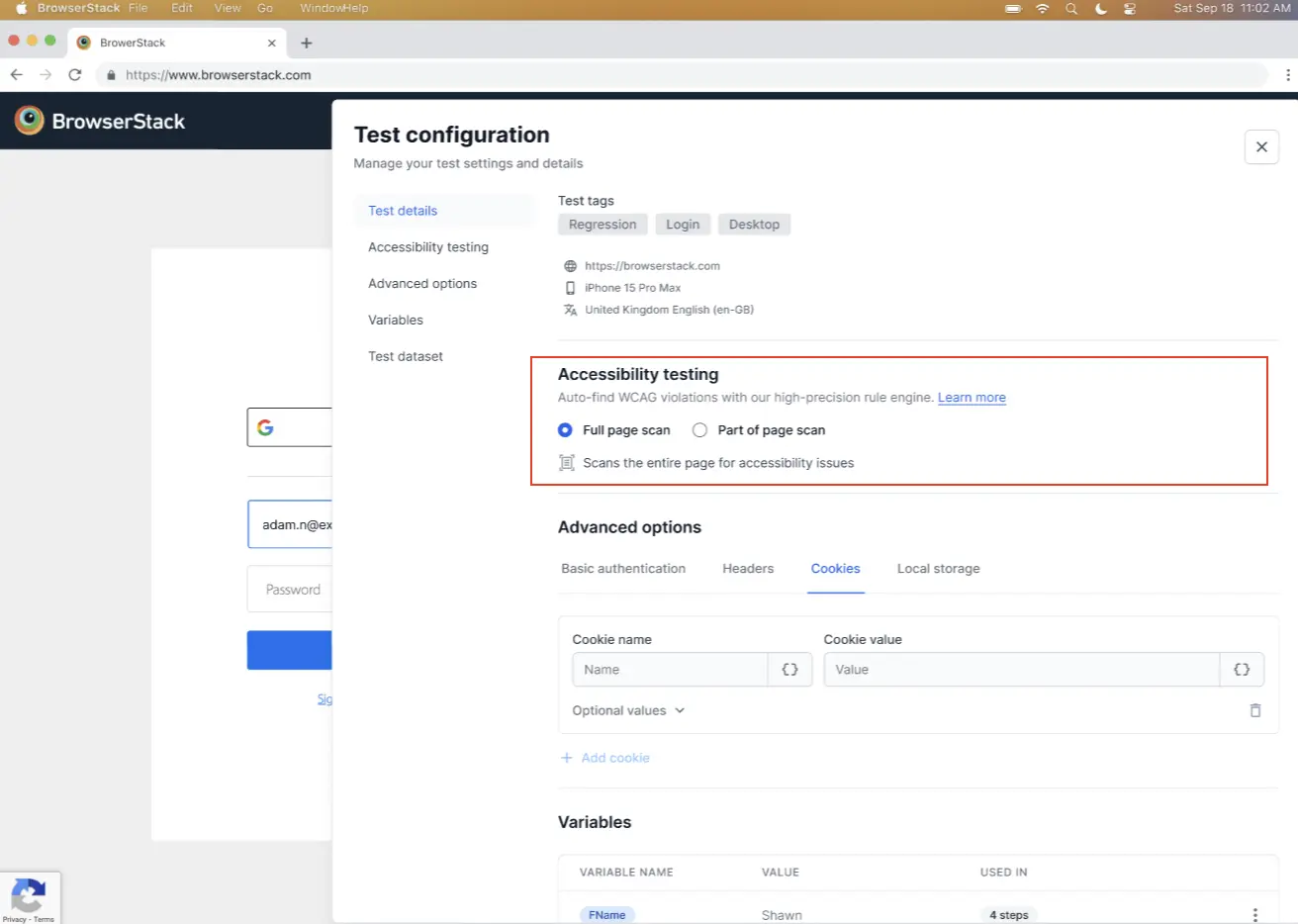 Test configuration showing Part of page scan option selected.