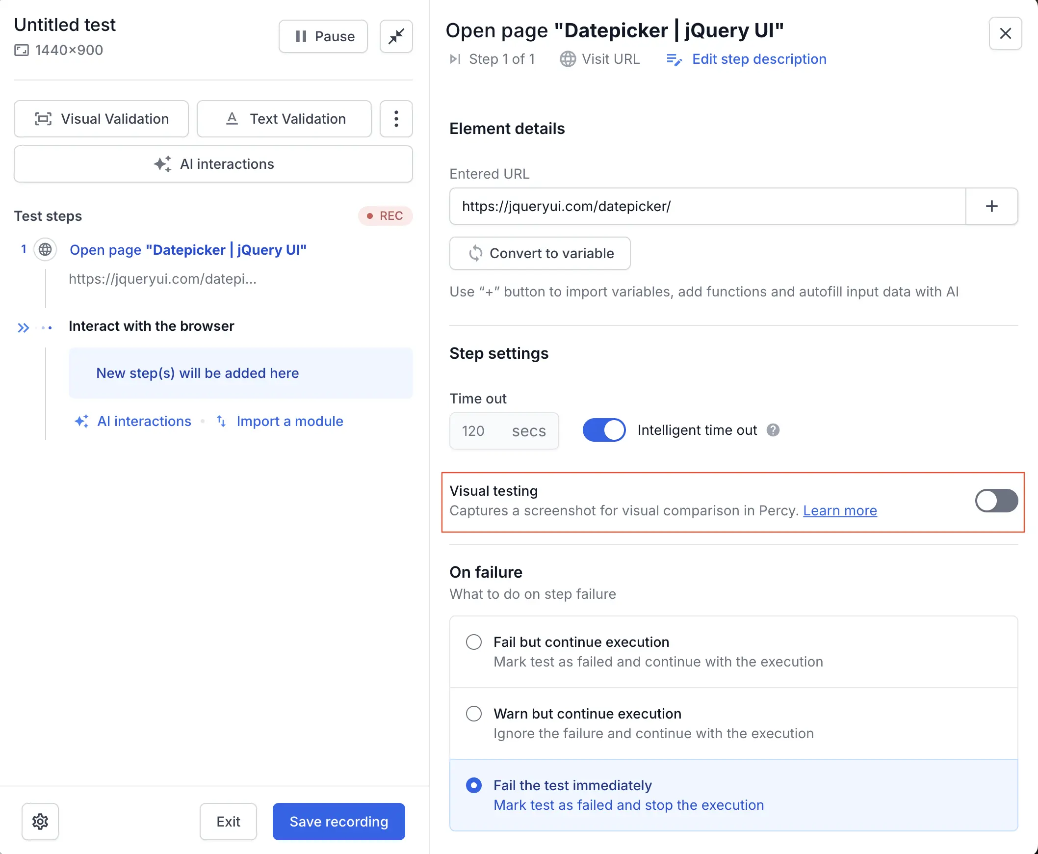 Screenshot showing how to enable visual testing in Low Code Automation on the recorder panel.