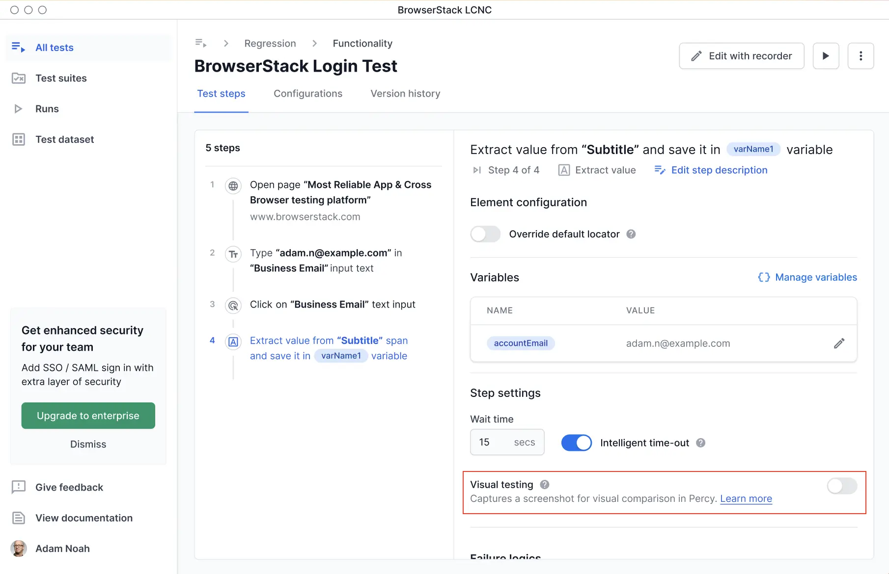 Screenshot showing how to enable visual testing in Low Code Automation by toggling the visual testing option.