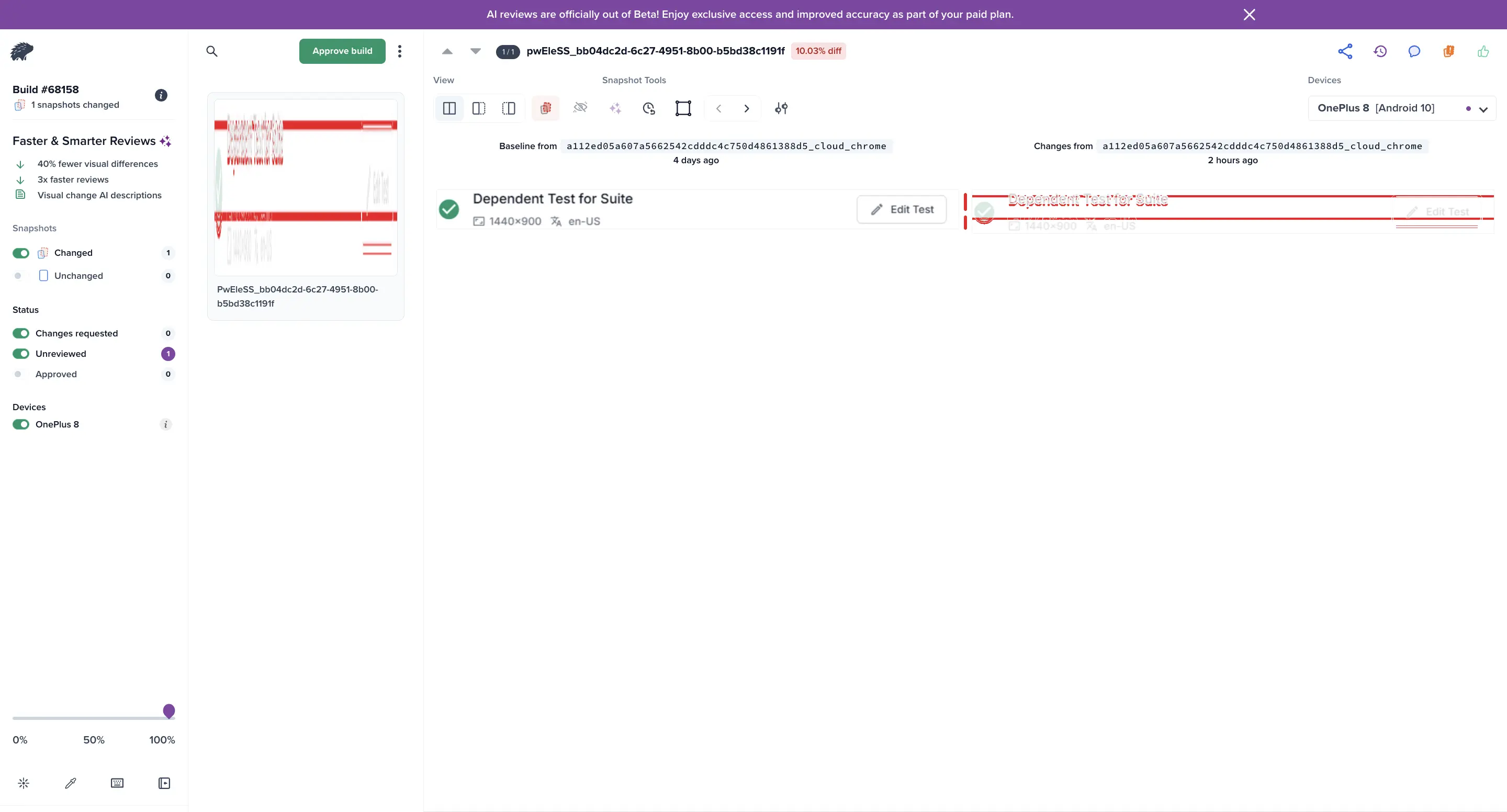 Sample Percy report showing visual differences, baseline screenshot, and approval options for UI regression review.