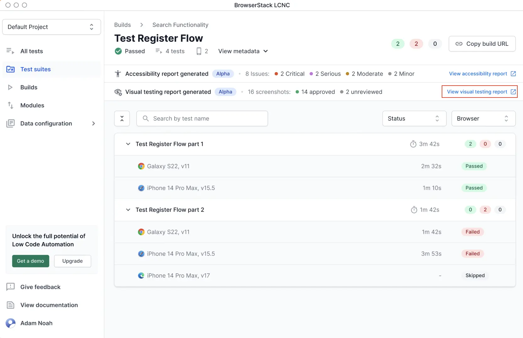 Screenshot of the visual testing report in Low Code Automation, showing detected UI changes and comparison results.