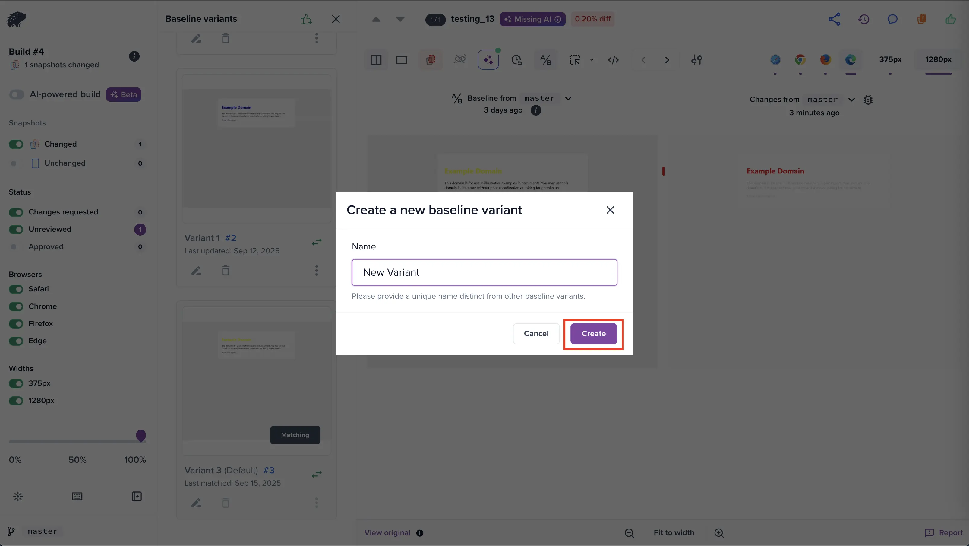Enter the name to create a new variant