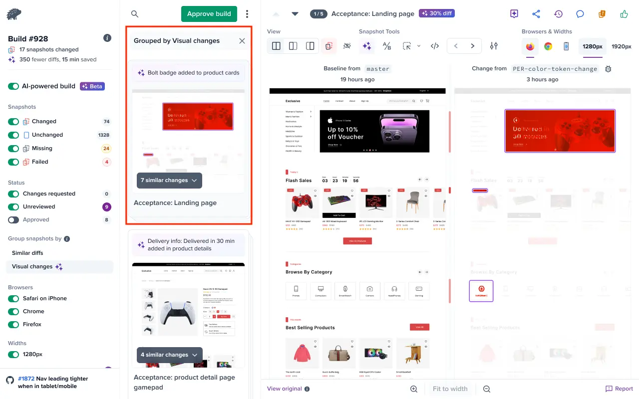 Percy AI summary showing grouped snapshots under AI-generated headers, including an "Unchanged snapshots" group at the end