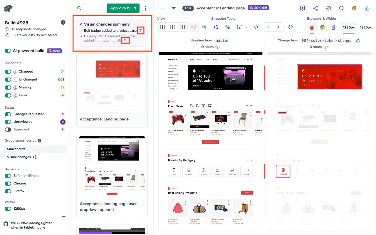 Screenshot showing AI summary in expanded view with visual change details