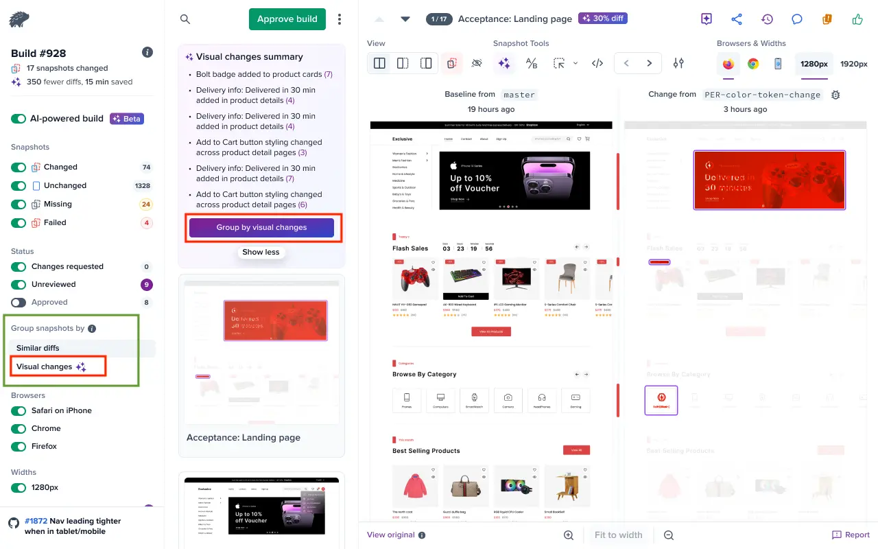 Percy UI showing the Group by visual changes option selected in the expanded AI summary