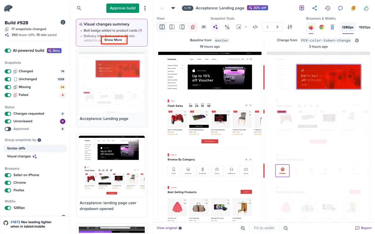 Screenshot showing the expanded AI summary in Percy with the 'Show More' button and the 'Group by visual changes' option highlighted