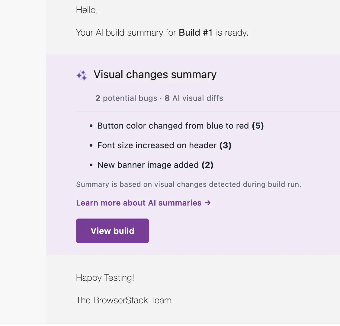 Email notification showing AI visual changes summary with bug counts and a View build button