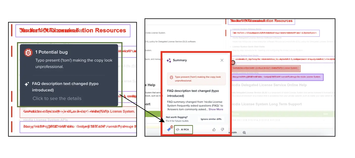 A diff with a bug icon selected, showing the Summary popover with the AI RCA option at the bottom.
