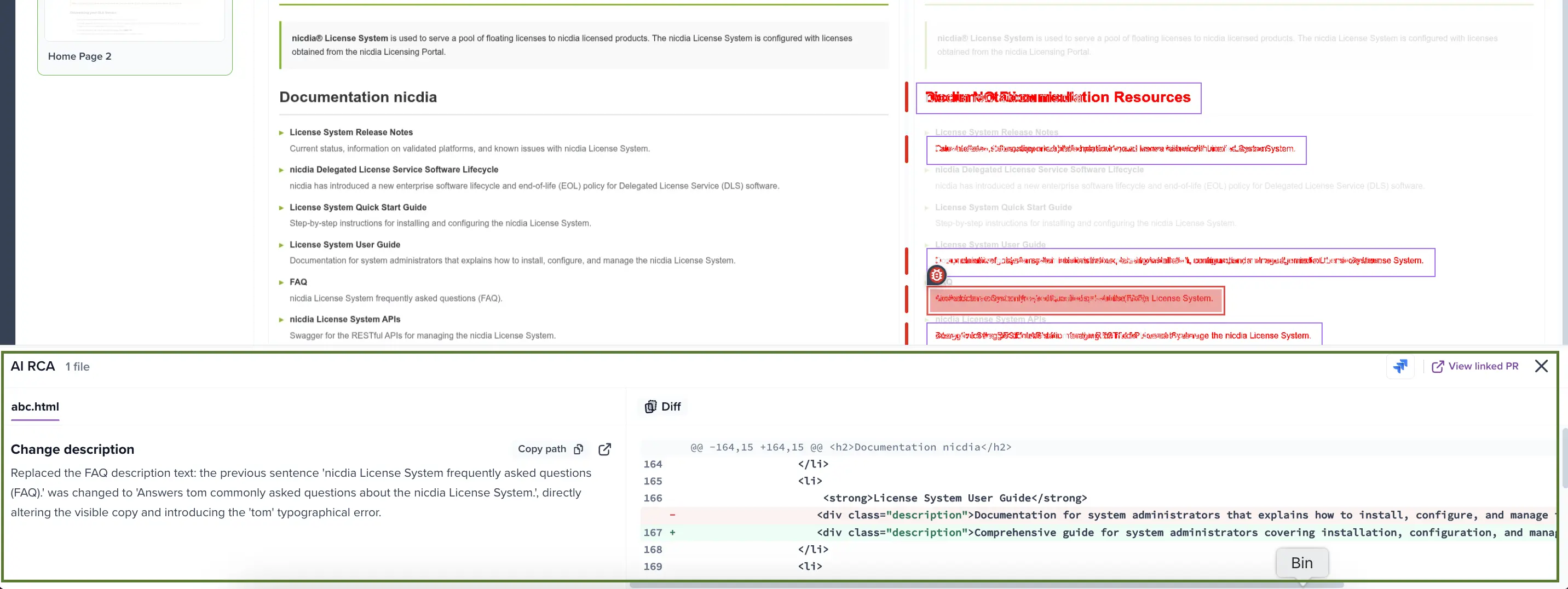 The AI RCA code panel showing a file tab, the Change description on the left, and the syntax-highlighted code diff on the right.