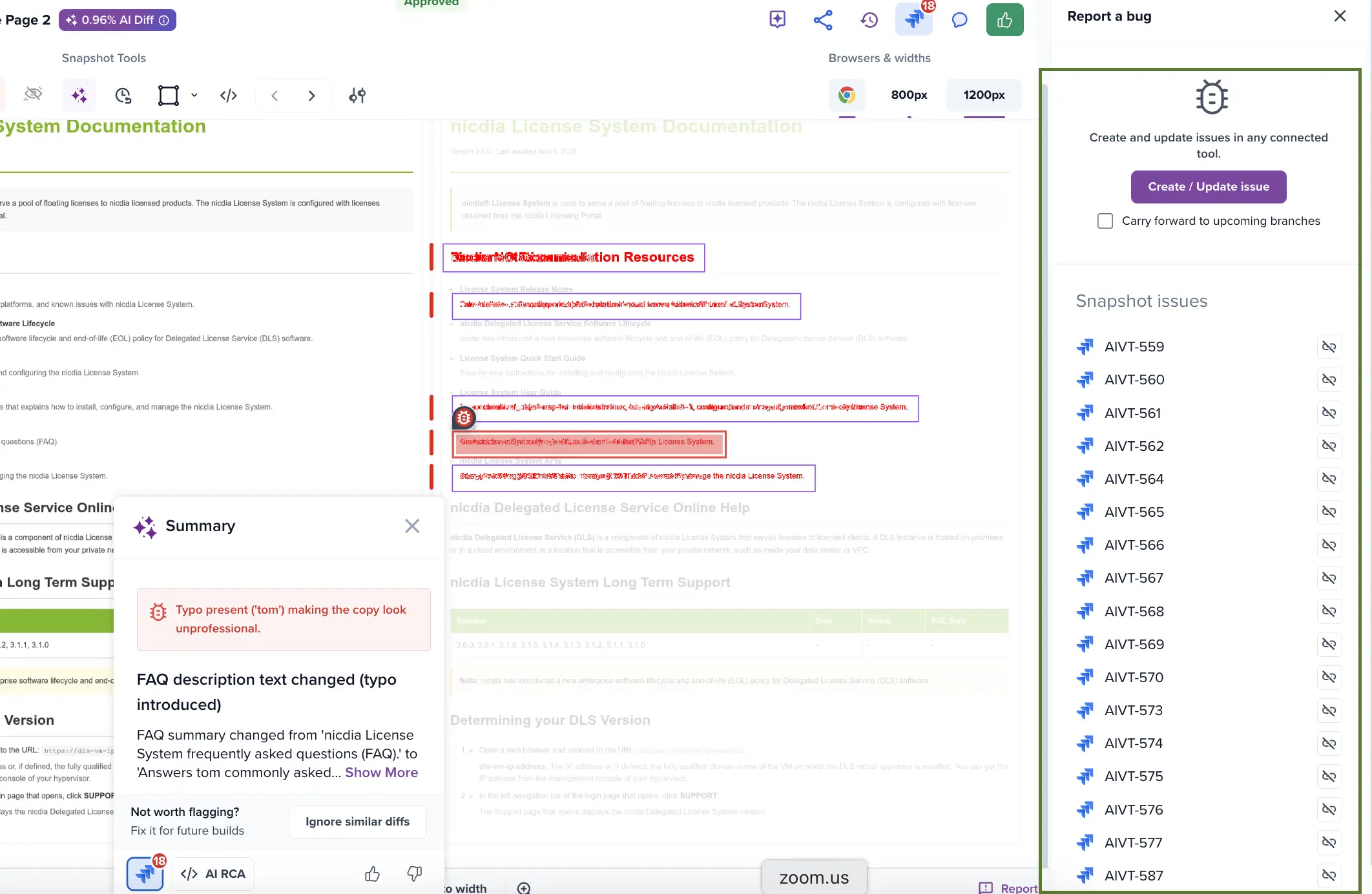 The Report a bug panel listing the snapshot's linked Jira issues, with Create or Update issue controls.