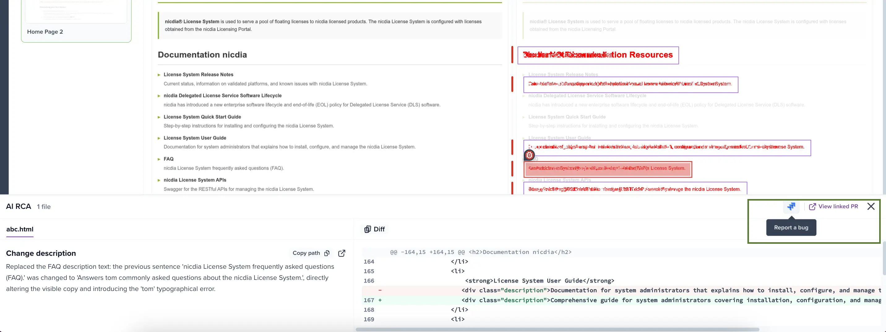 The AI RCA panel header with the Report a bug tooltip on the Jira icon, next to the View linked issue button.