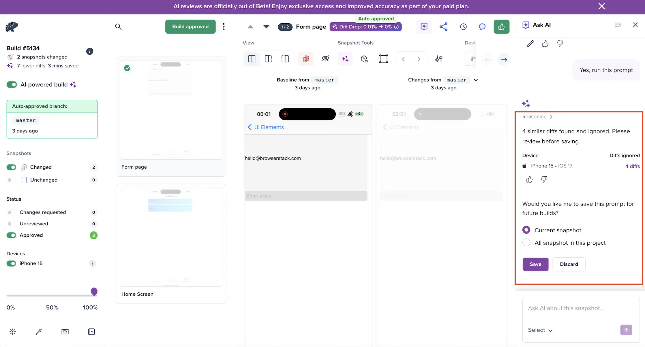 AI results summary across browsers on review screen