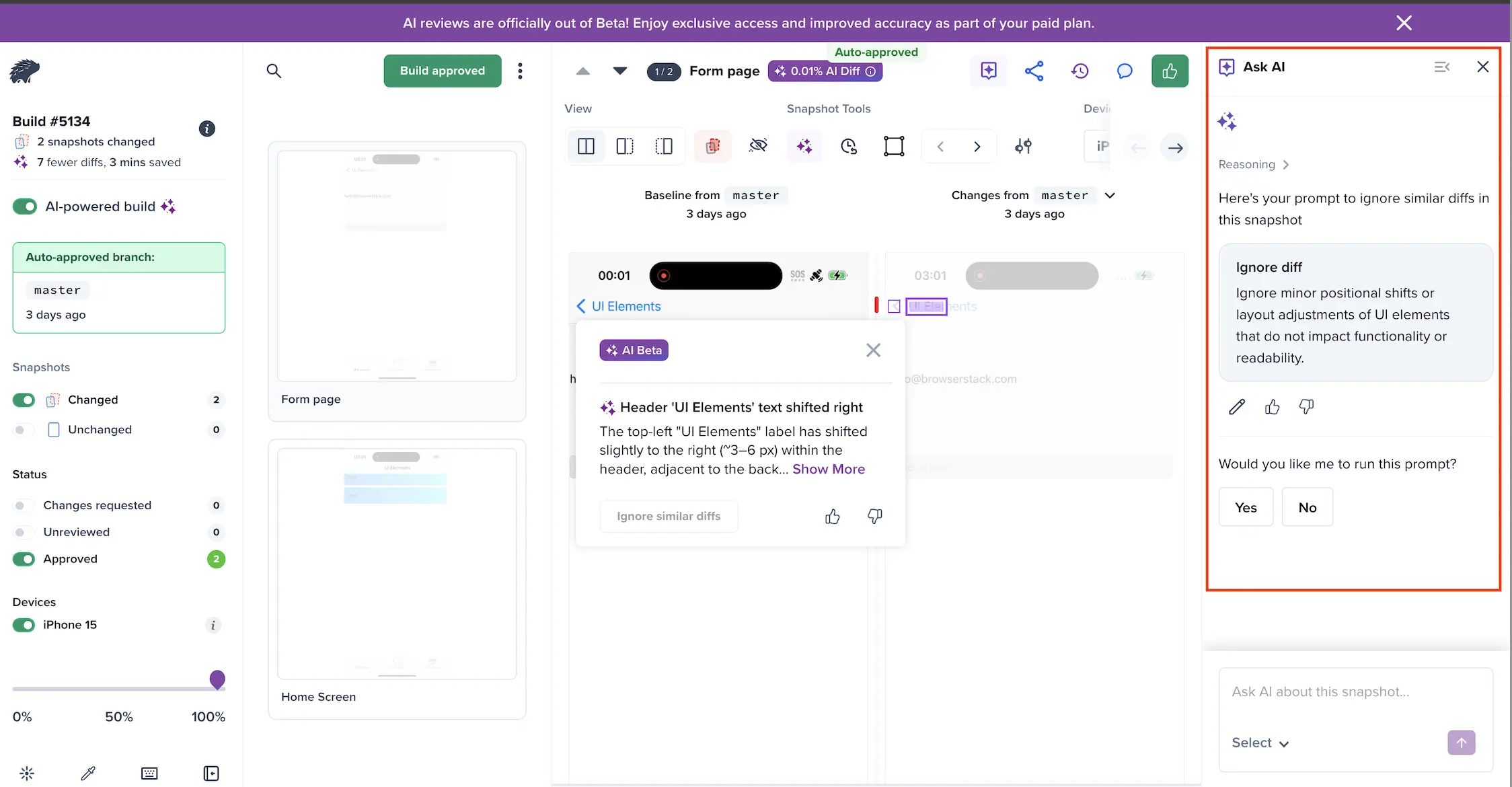 Prompt window with editable prompt field on review screen.
