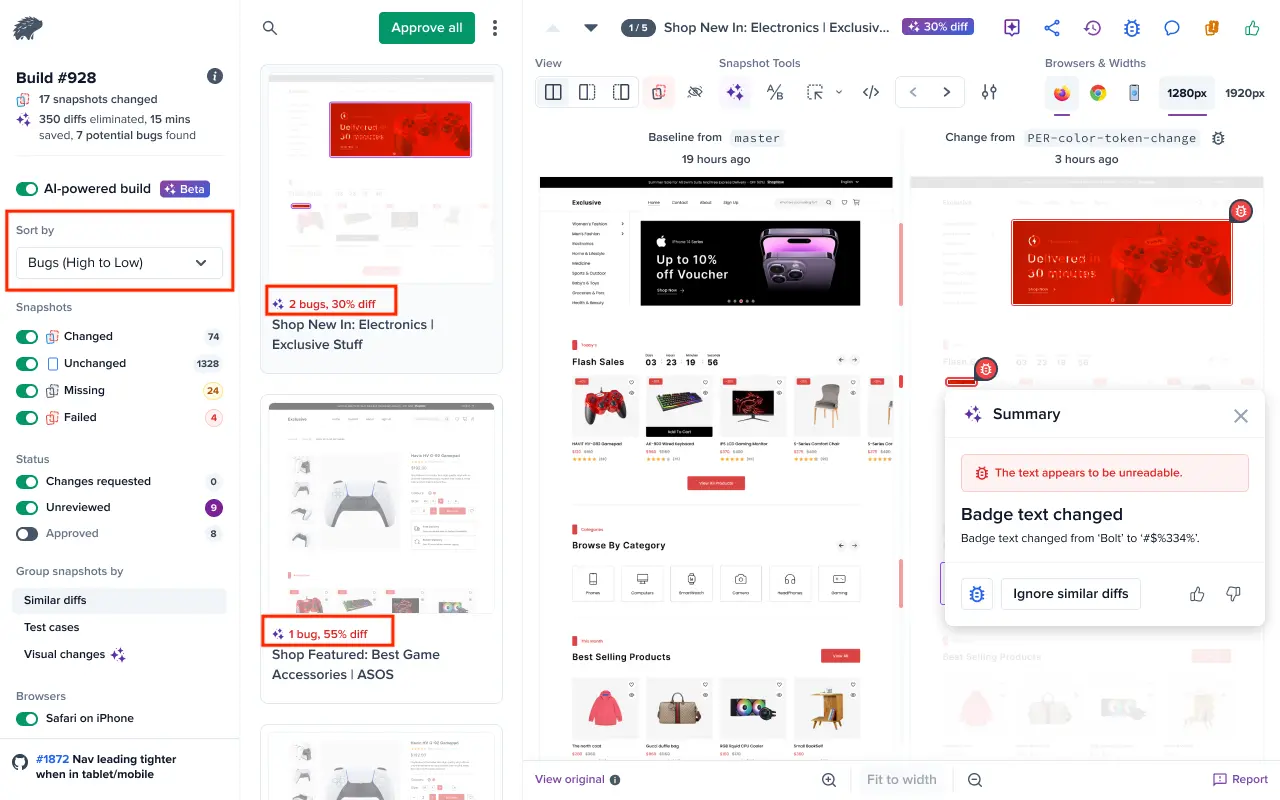 Diff classification sorted by bugs
