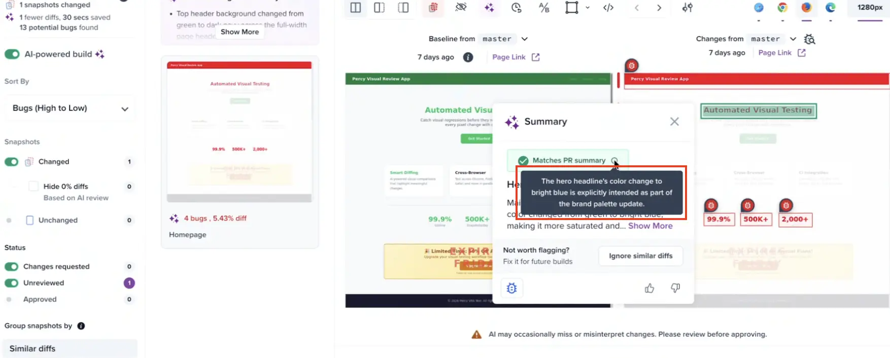 The hover tooltip on the info icon explaining why the change matches the PR summary
