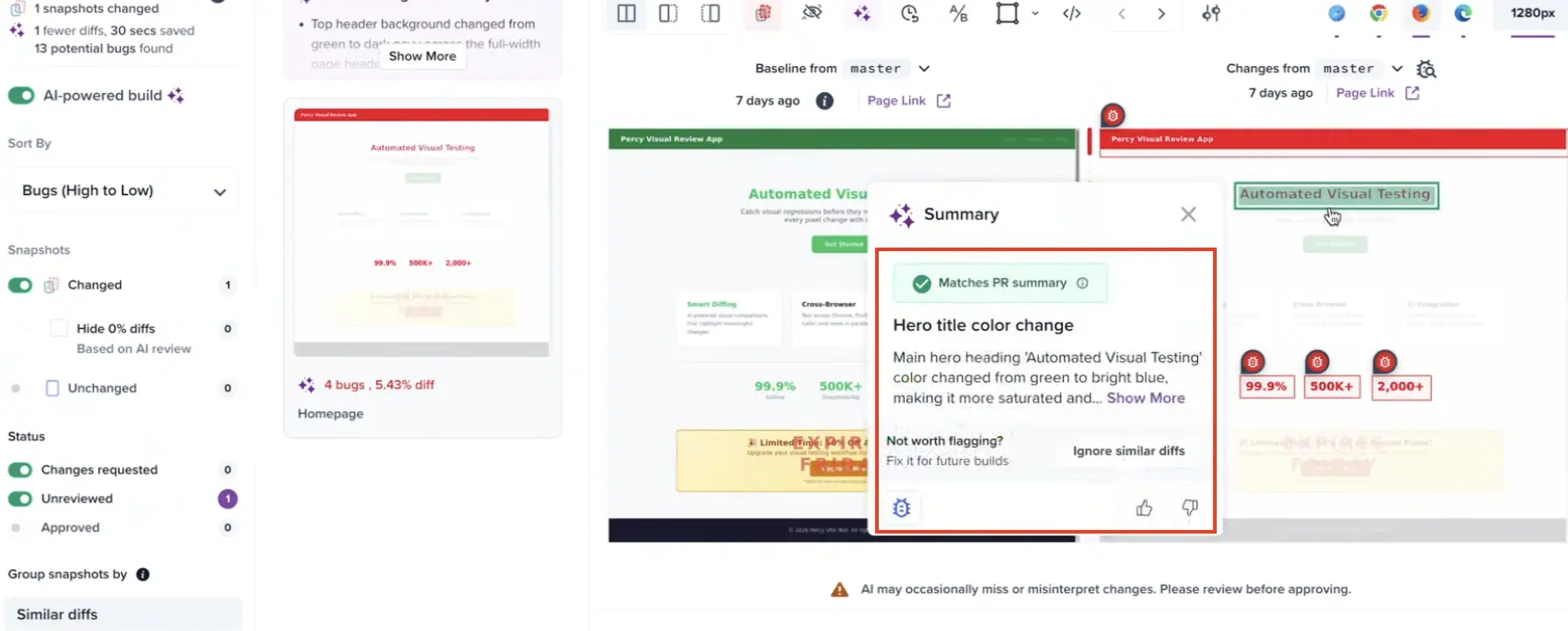 The Summary panel showing a change that matches the PR summary