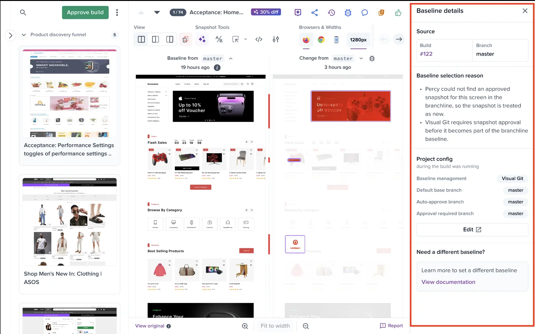 The Baseline details panel showing why a specific build was selected as the baseline, including selection criteria and key factors.