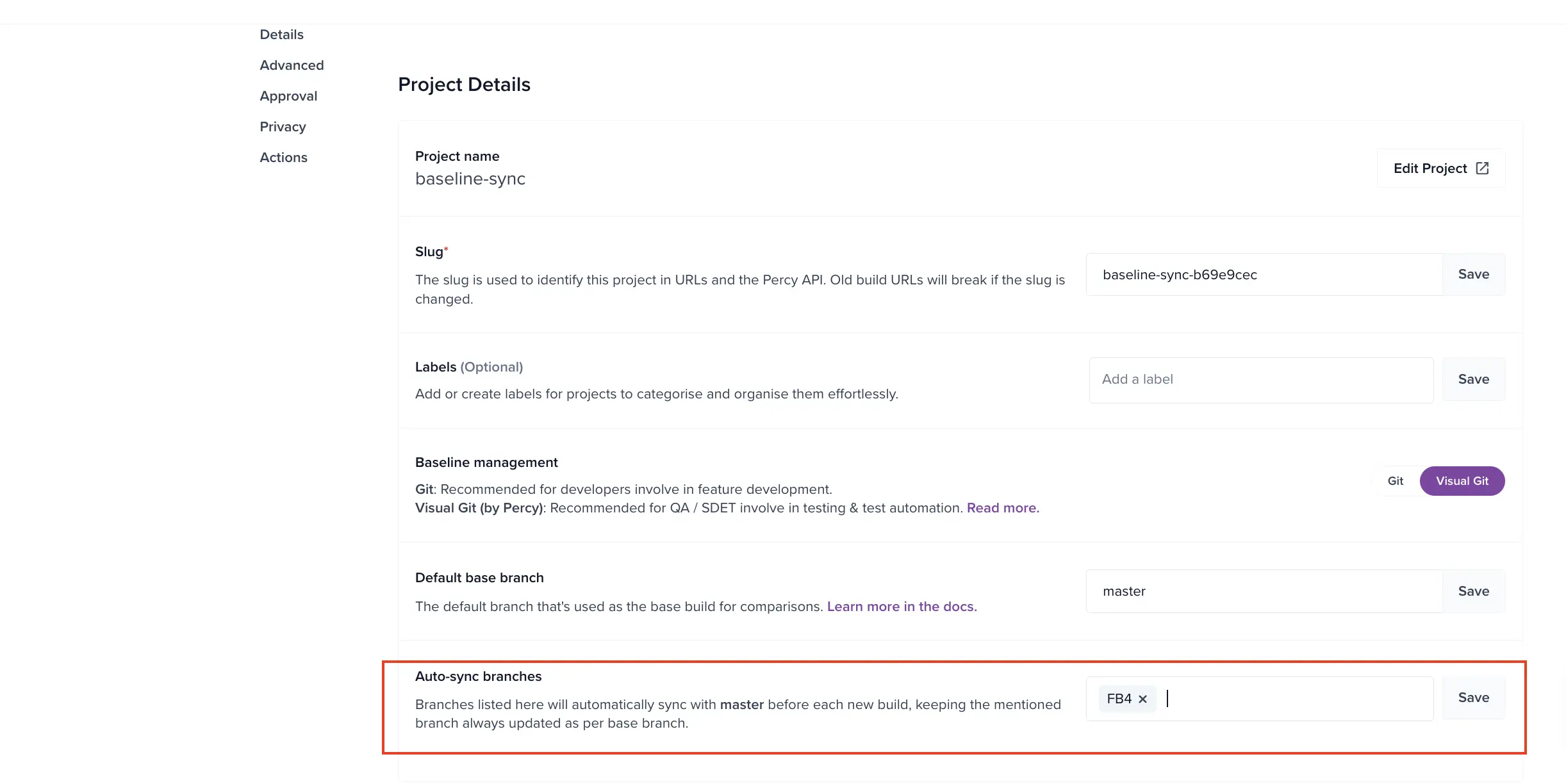 The Auto-sync branches setting in project settings, with the branch field highlighted.