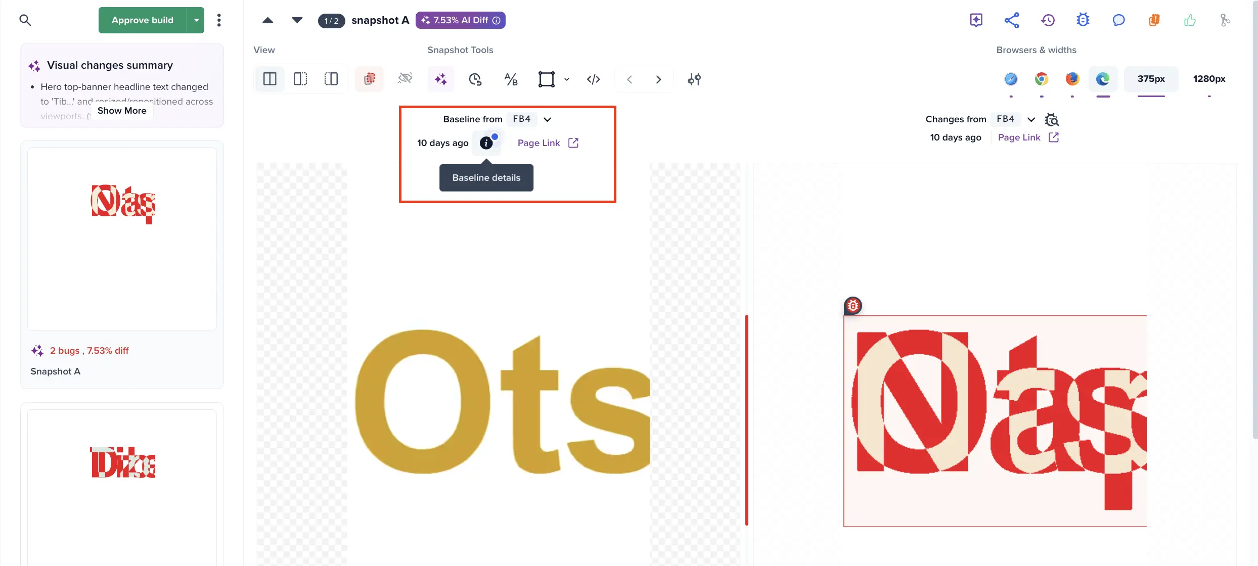 A blue dot on a snapshot's info icon, with the Baseline details sync-available tooltip showing.