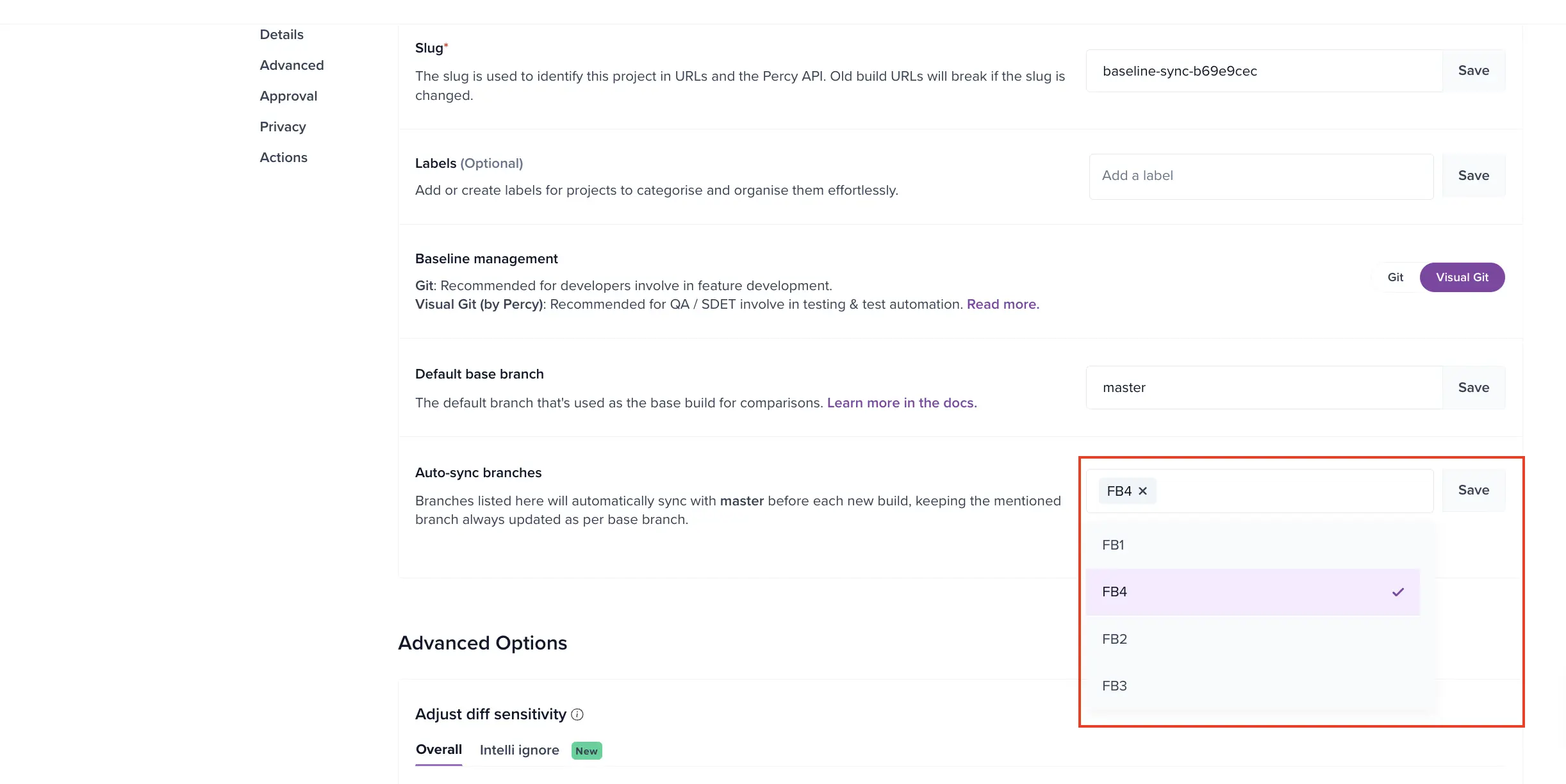 The Auto-sync branches dropdown open, listing feature branches to select.
