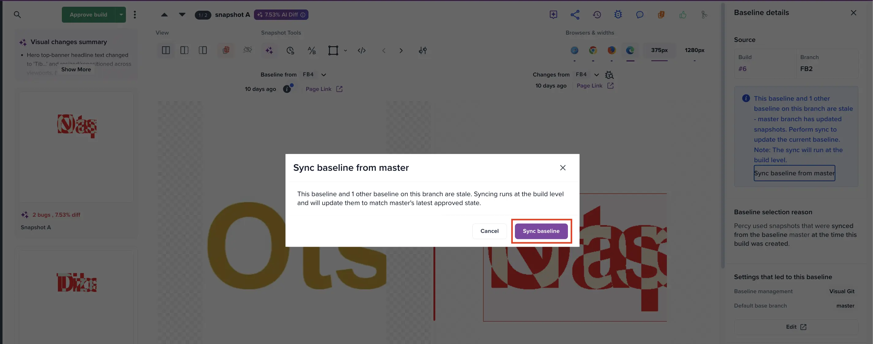 The Sync baseline from master confirmation dialog with the Sync baseline button highlighted.