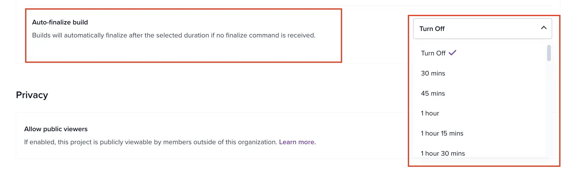 Dropdown menu showing auto-finalize build timer options ranging from 30 minutes to 8 hours in Project Settings