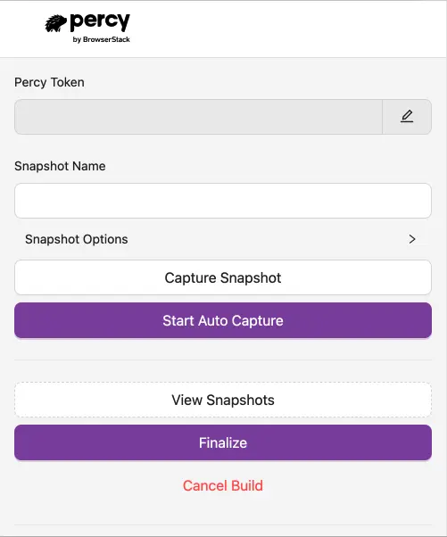 Interface for Percy browser extension