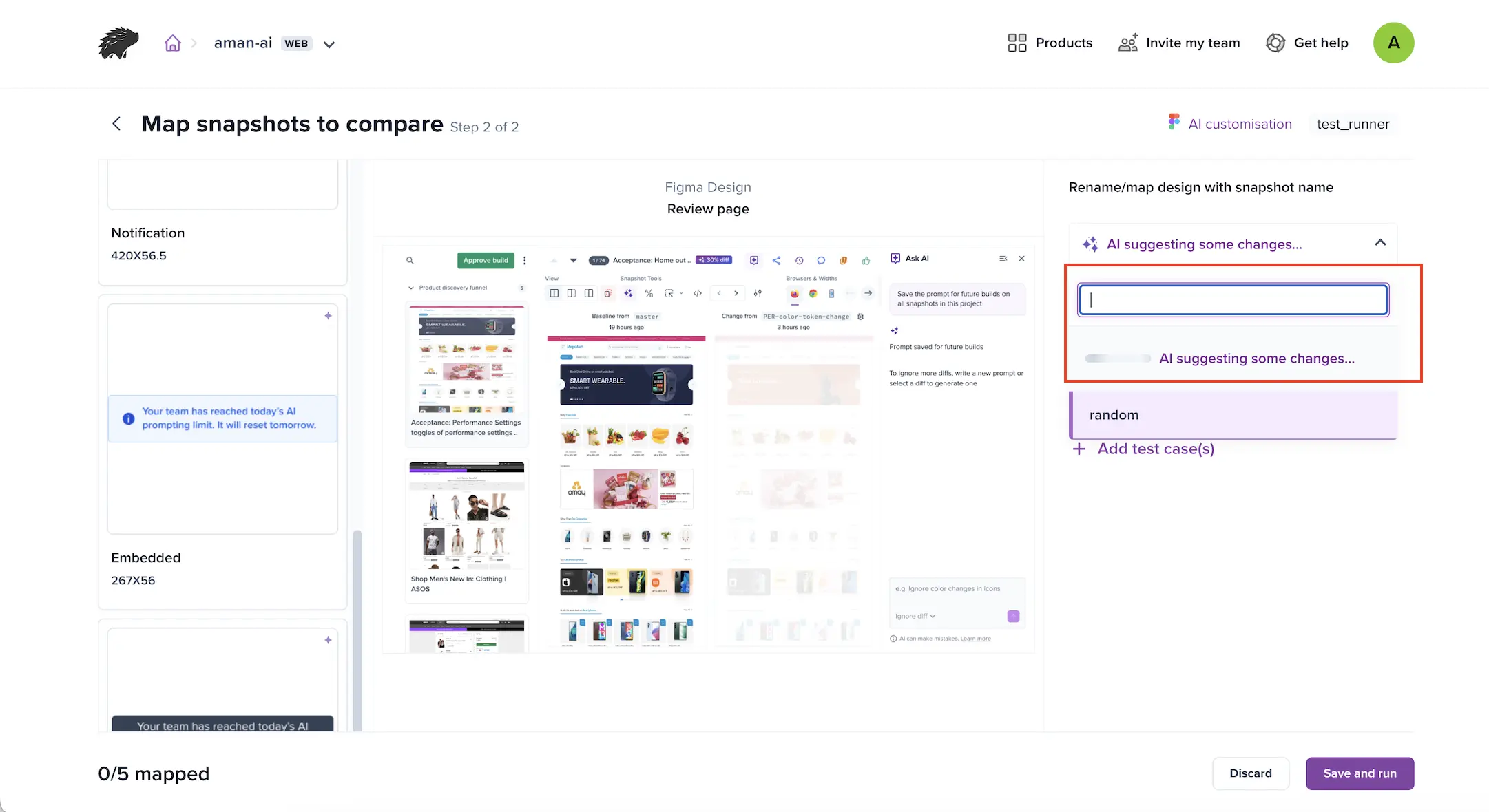 Mapping step with a sparkle icon on the design thumbnail and the AI suggested label in the snapshot-name dropdown