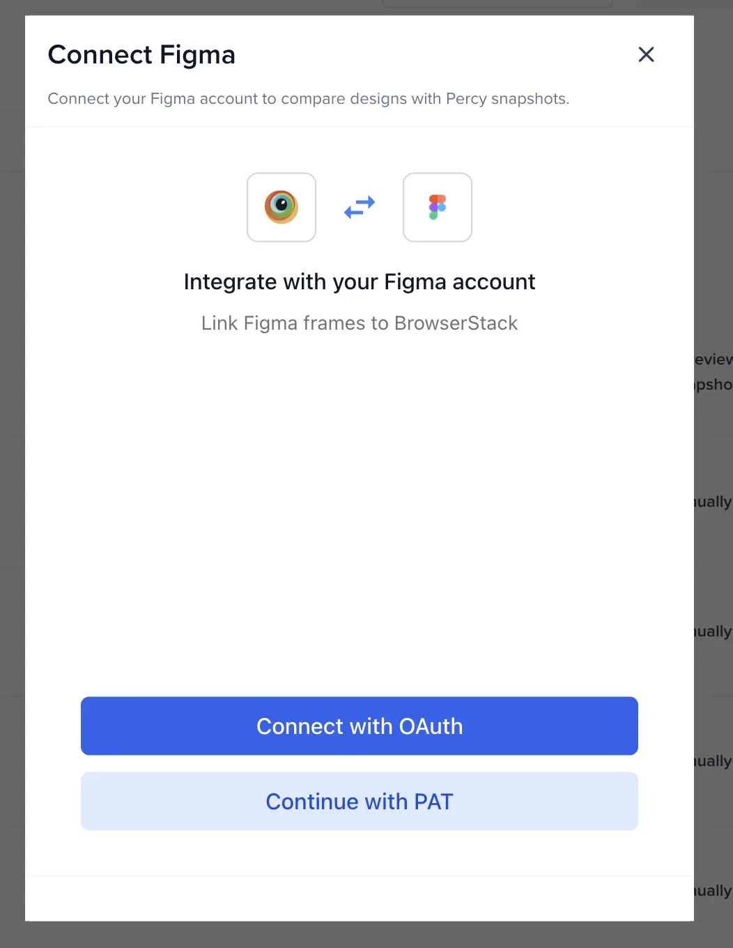 The Connect Figma dialog with options to connect with OAuth or continue with a personal access token