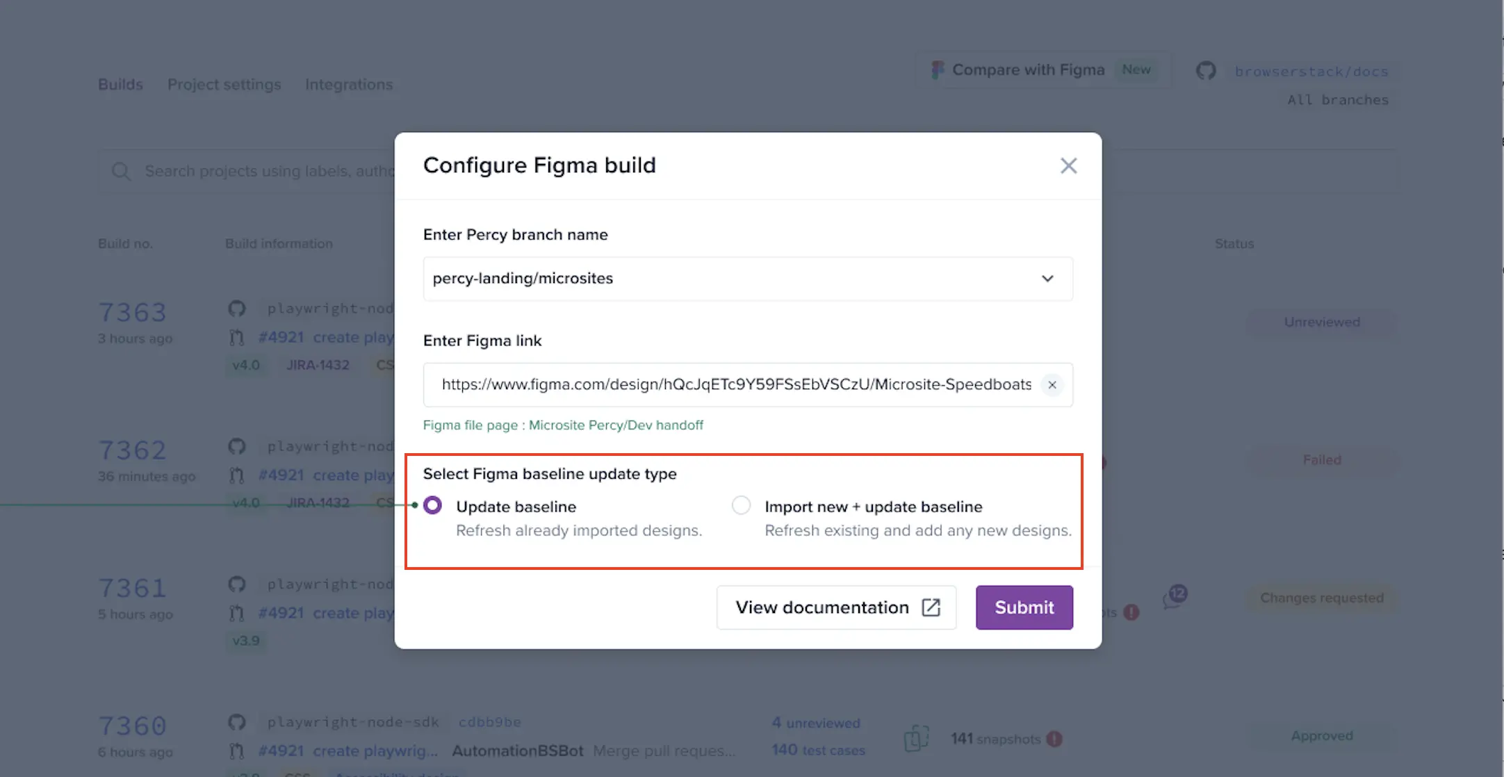 Figma baseline update dialog with options to update or import new designs