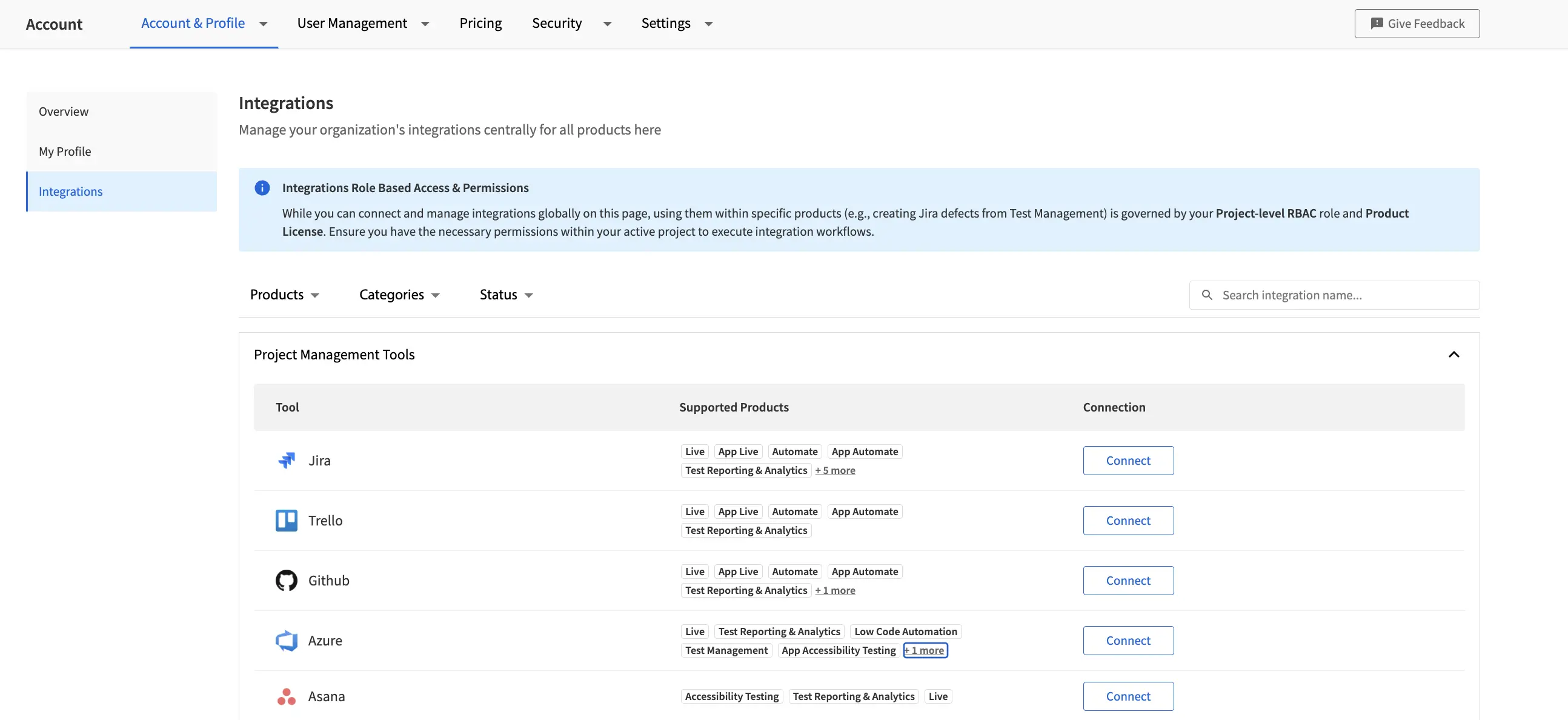 Asana row in the Project Management Tools list with the Connect button highlighted