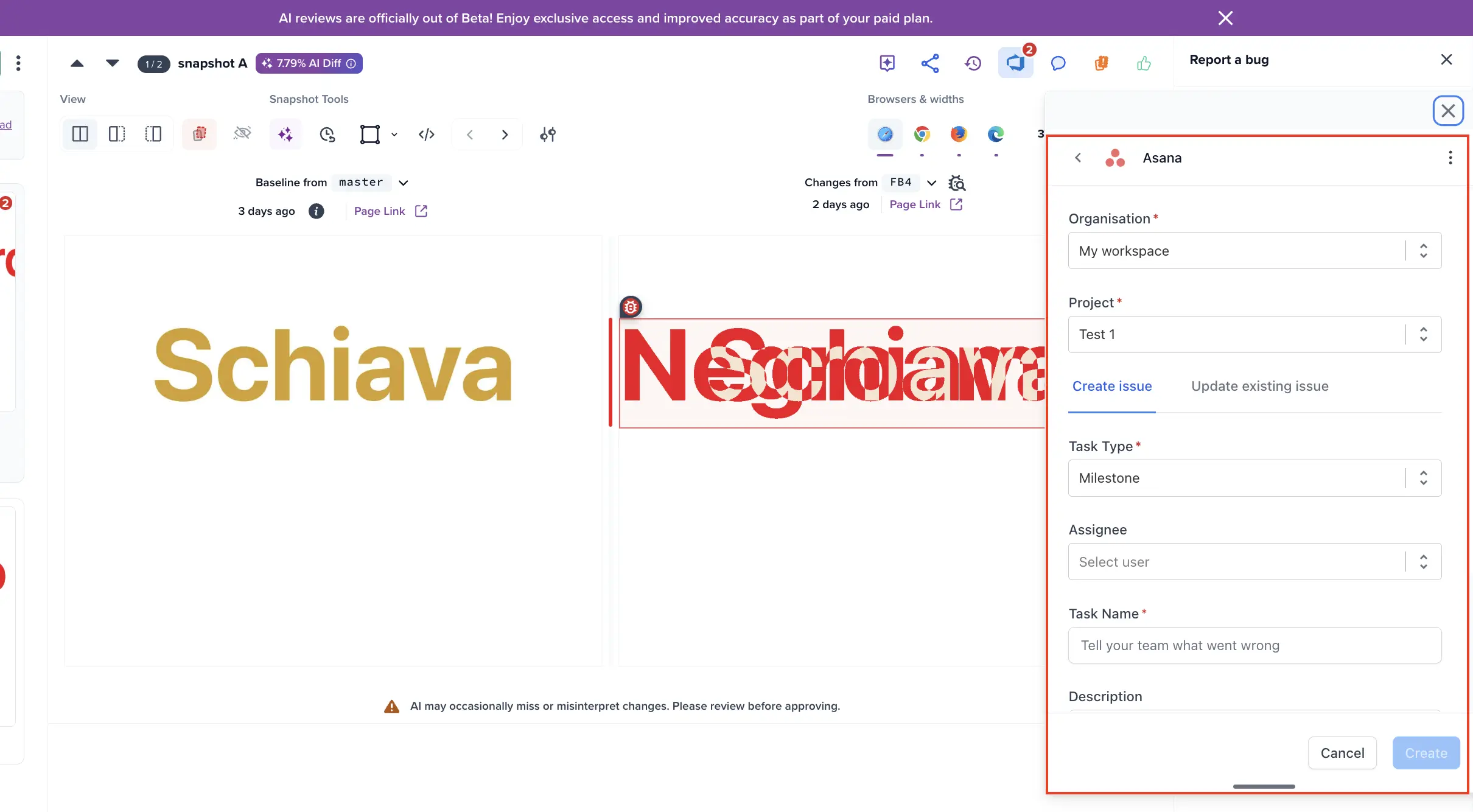Asana task creation dialog with Workspace, Project, Assignee, and Task name fields
