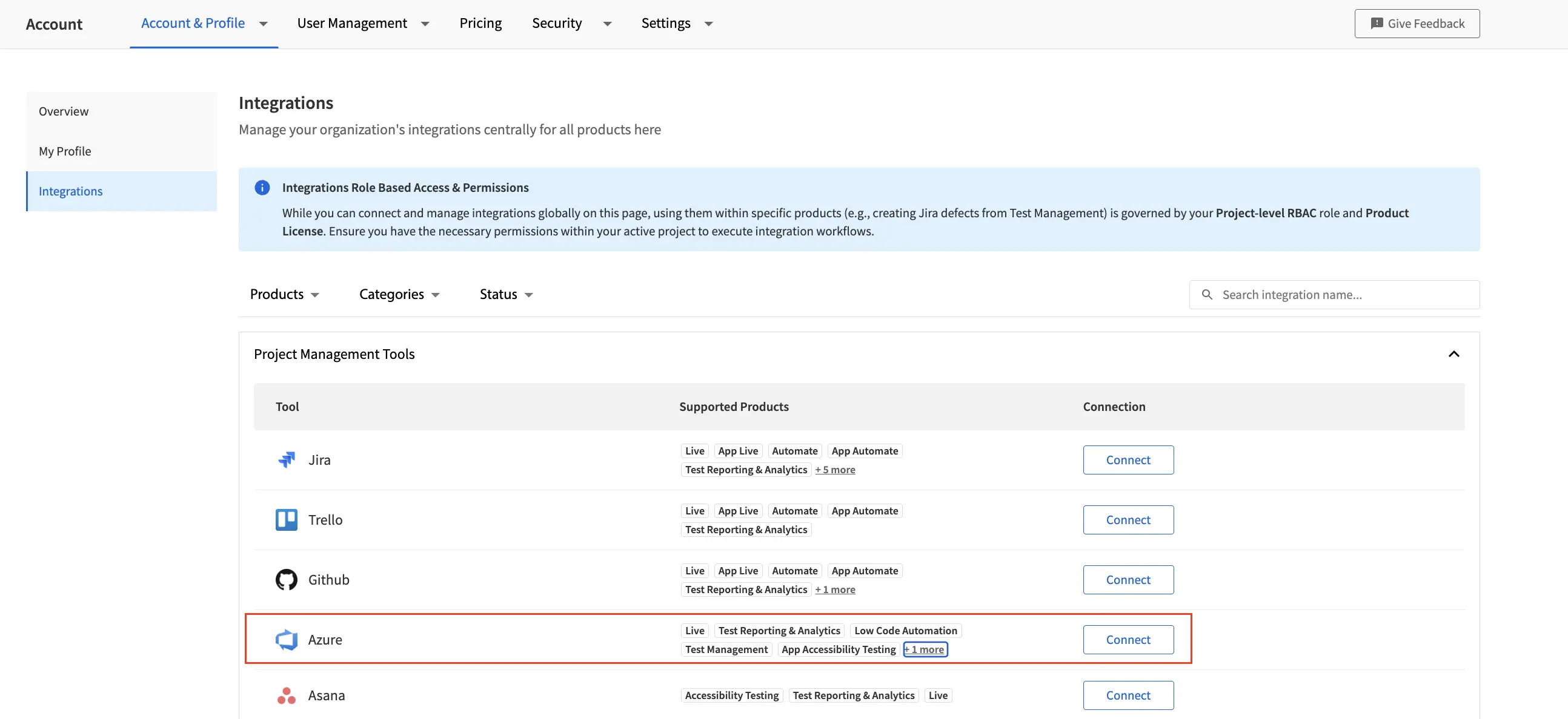 Azure row in the Project Management Tools list with the Connect button highlighted