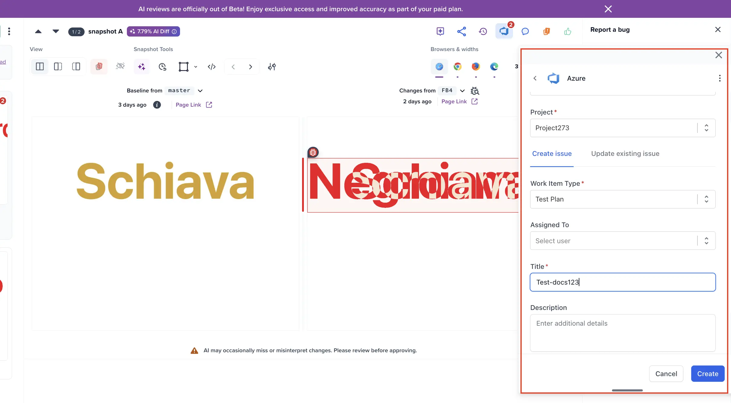 Azure DevOps work item creation dialog with Organization, Project, Work item type, and Title fields