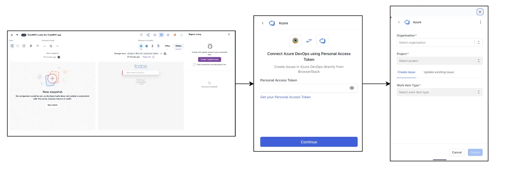 Azure DevOps authentication flow from Percy snapshot to Personal Access Token entry and work item form