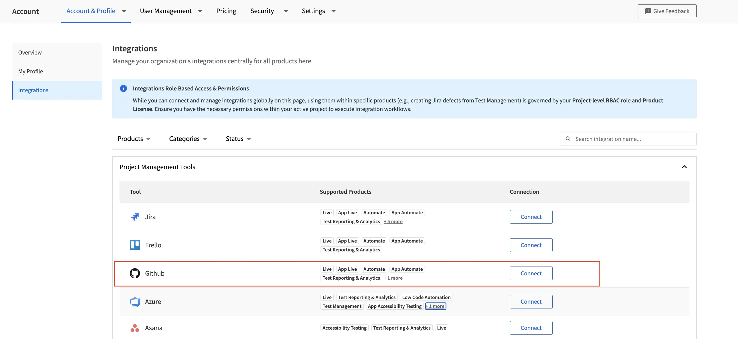 GitHub row in the Project Management Tools list with the Connect button highlighted