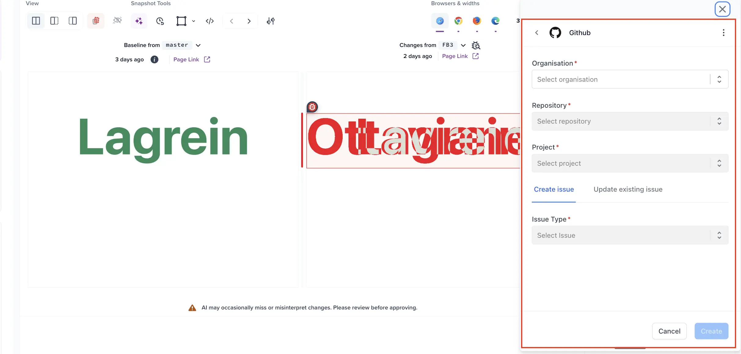GitHub issue creation dialog with Organisation, Repository, Project, and Issue Type fields