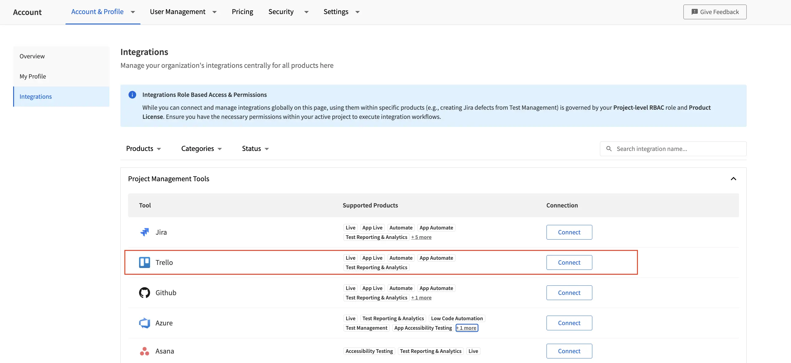 Trello row in the Project Management Tools list with the Connect button highlighted