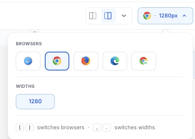 The Percy browser and width selector, open on the configured browsers and widths.