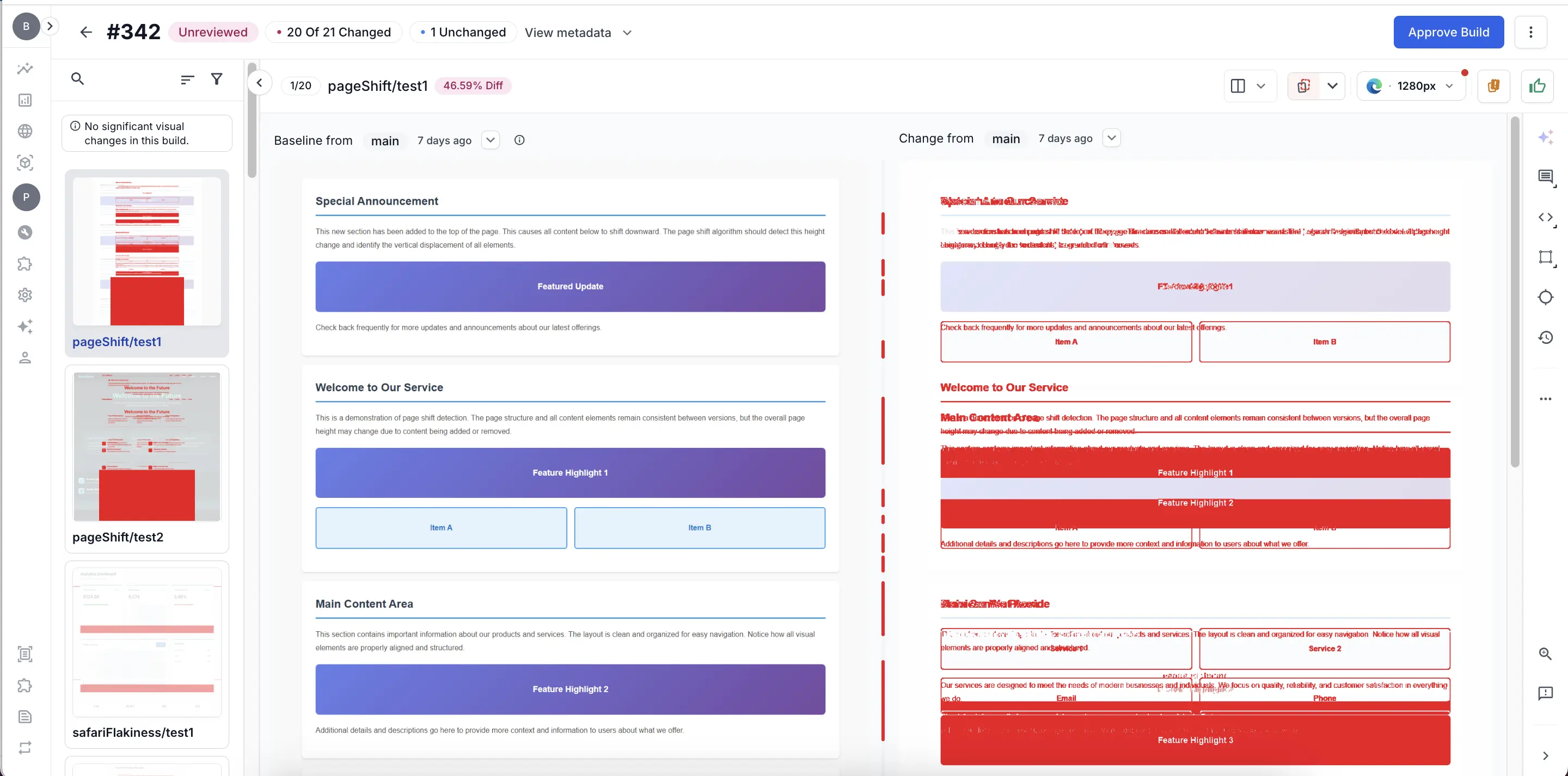 The redesigned App Percy review dashboard showing the baseline and changed snapshots side by side, highlighted diffs, and the Approve build action.
