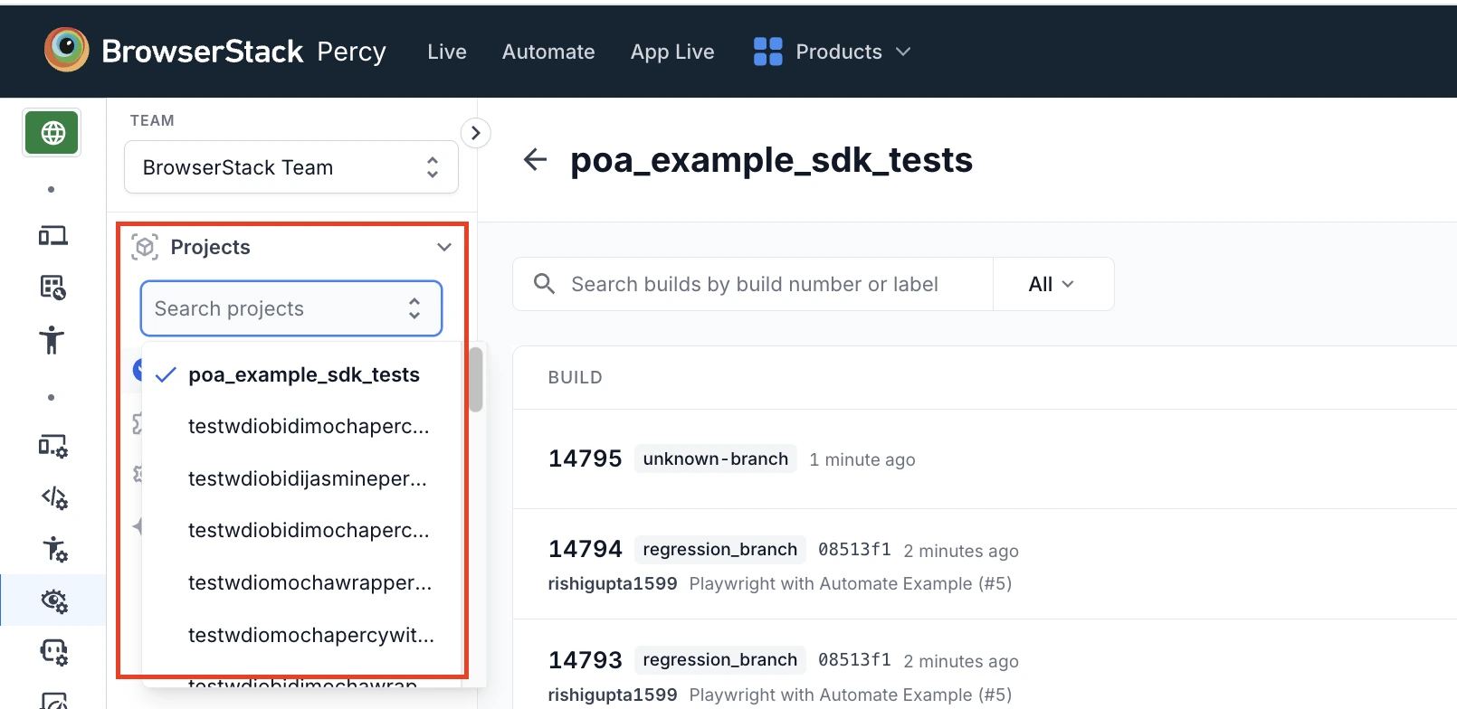The App Percy Projects switcher open beside the build list of the selected project.