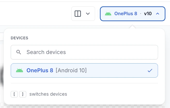 The App Percy device selector, open on the search field and the configured devices.