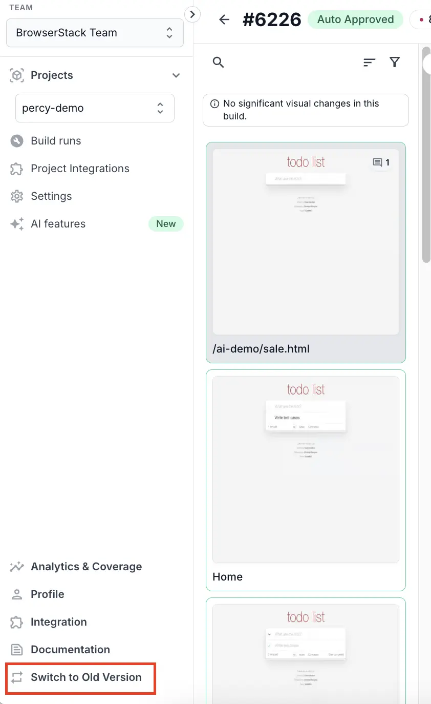 The App Percy left navigation with Switch to Old Version highlighted at the bottom.