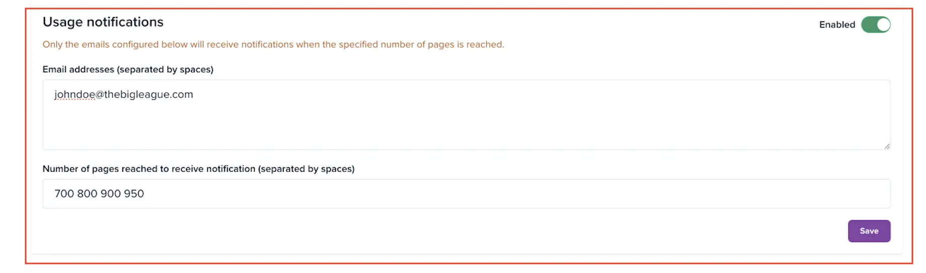 Receive pages usage notifications
