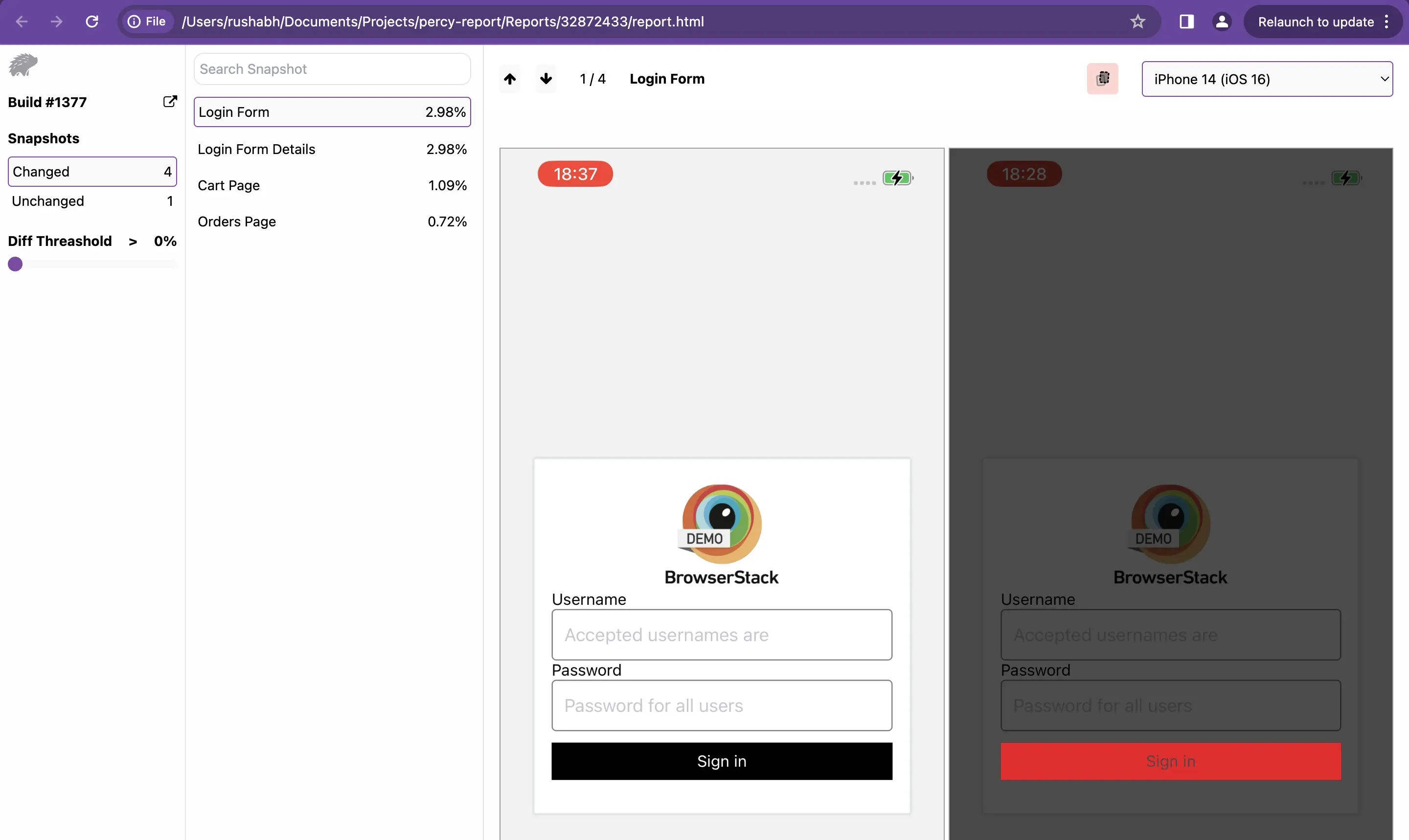 App Percy build report with screenshot list and visual comparison view
